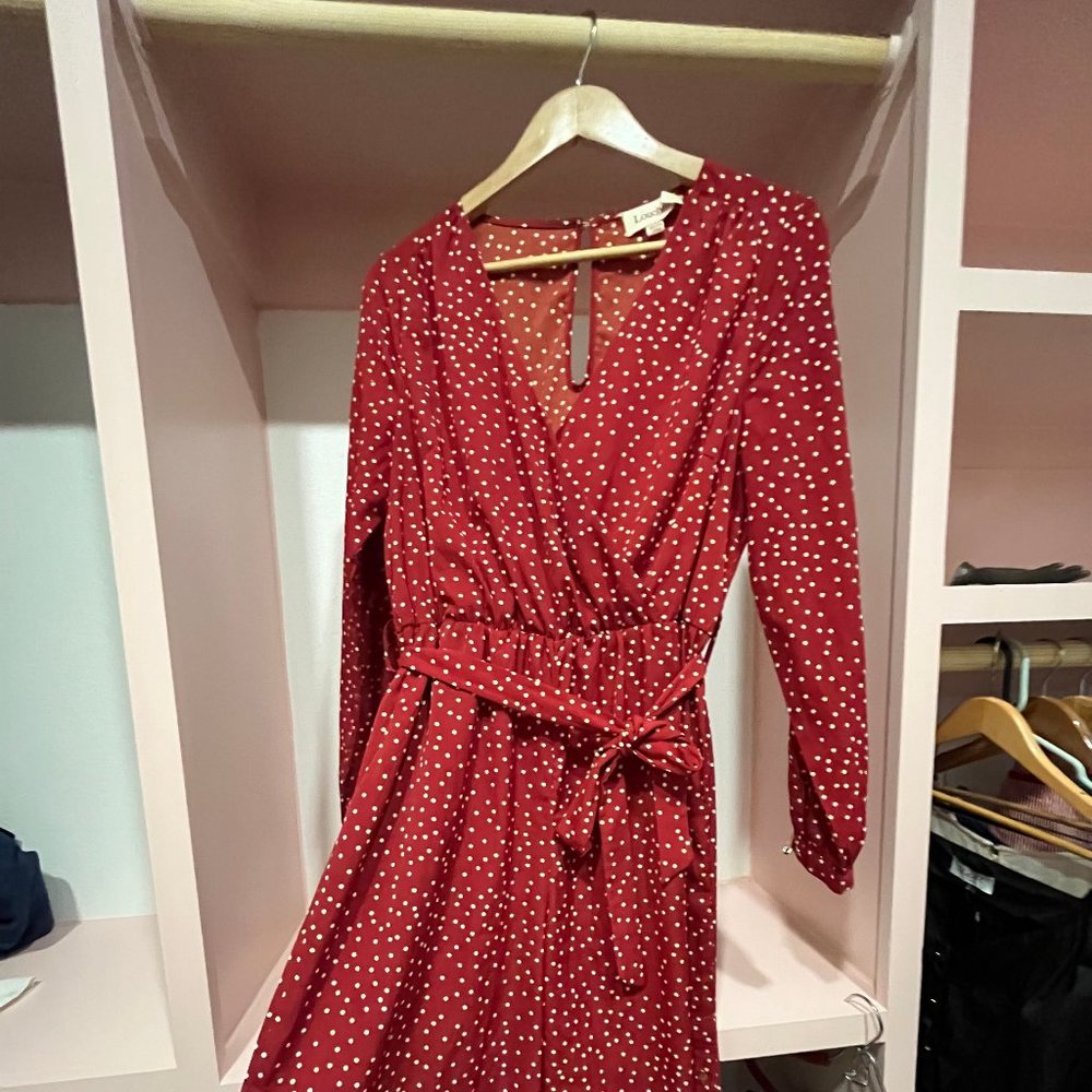 Louche Modcloth Burnt Red and Cream Polka Dot Wide leg Jumpsuit size 10